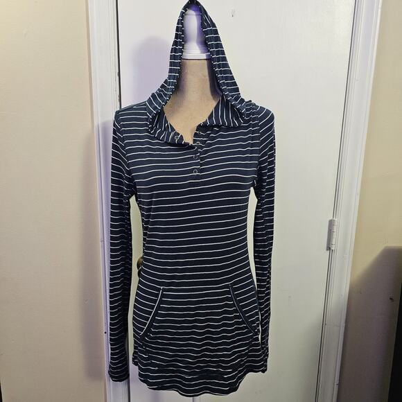 Prana Sol Protect Hoodie Stripe Kanga Pocket Henley Pullover Lyocell Stretch Sm - Picture 2 of 6